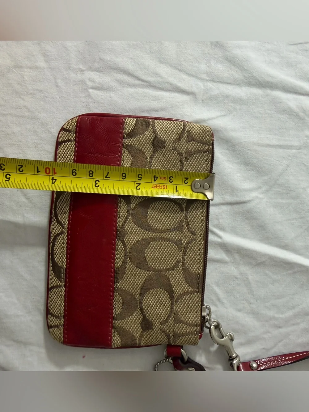 Coach Khaki Canvas Wristlet with Red Leather Trim